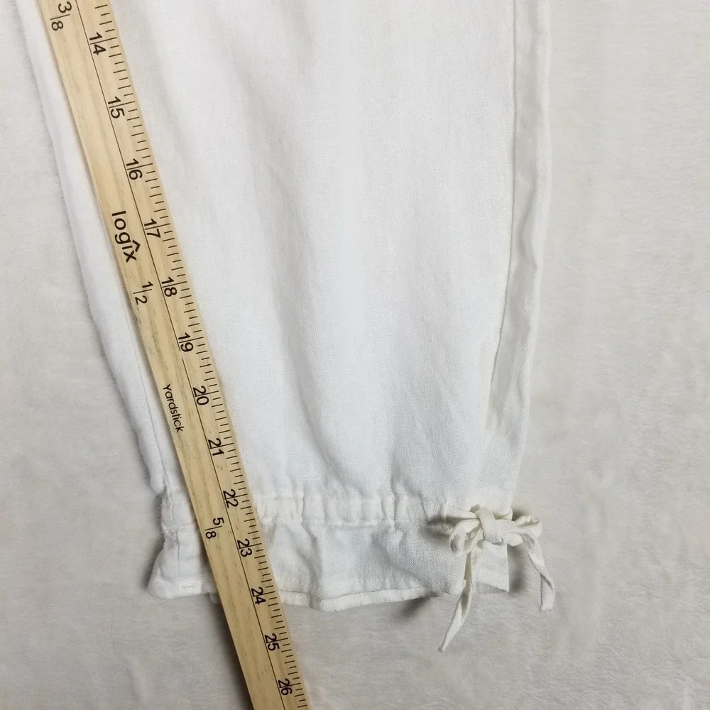 Zara Linen Blend Pants Womens XS White Elastic Waist Tie Hem Casual Trousers